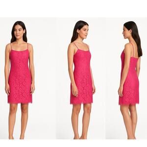 Milly Lace Cocktail Dress Bright Pink Spaghetti Straps Above Knee Length Dress 8